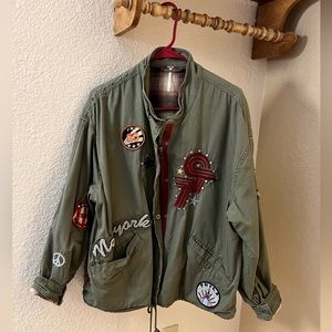 Free People Military Green Utility Jacket with Patch Sz XS/S